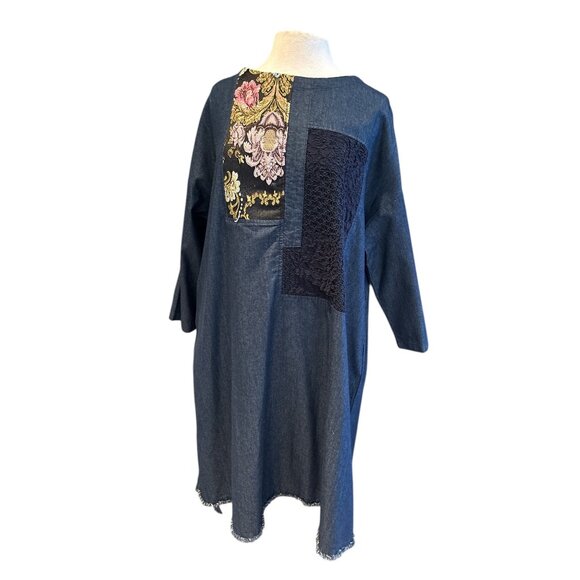 Denim Tunic Dress With Floral & Lace Patchwork By IXI - Loose Fit - Frayed Hem - - Picture 1 of 10